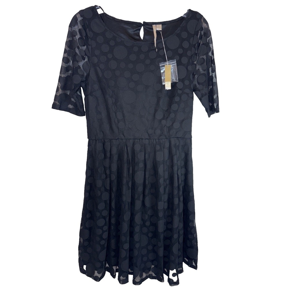 Lauren Conrad Dress Womens 4 Fit and Flare Black Polka Dot Mesh Sheer Sleeve NEW